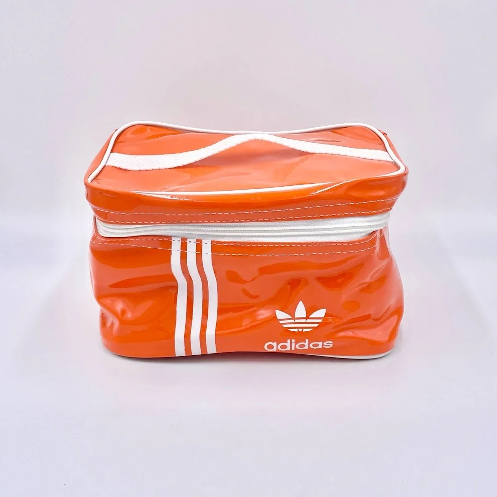 Vintage Adidas Vinyl Orange White Trefoil Logo Stripe Zip Up Block Travel Bag